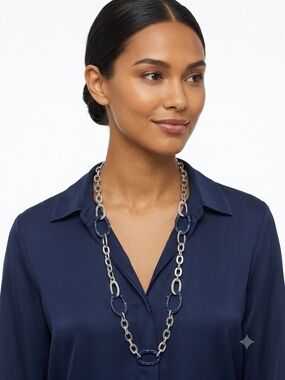 Guess 36” Long Link Chain Necklace in Silver and Navy